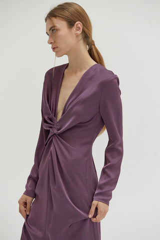 a model in a purple long-sleeve dress