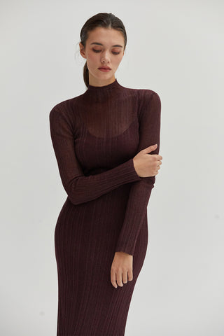 A woman wearing a sheer lurex knit mock neck maxi dress with long sleeves. 