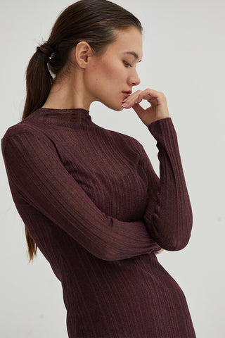 A woman wearing a sheer lurex knit mock neck maxi dress with long sleeves. 